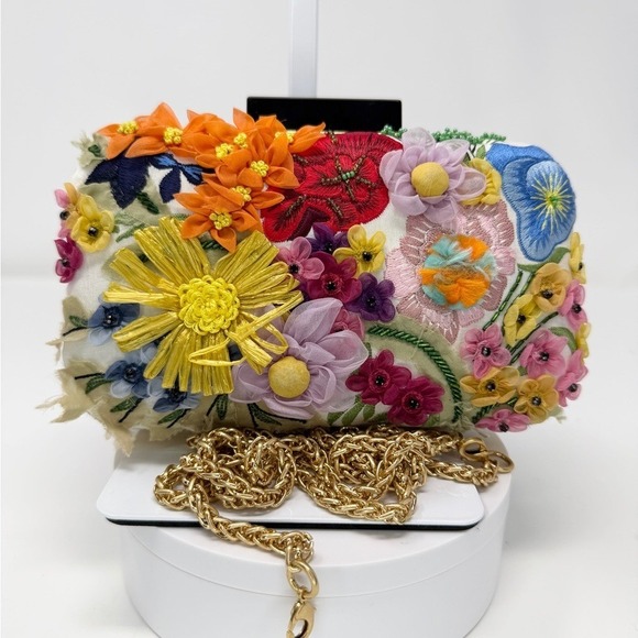 Alice + Olivia Handbags - Alice + Olivia Shirley 3D Floral Clutch Bag Cream Multi Color Gold Chain Strap